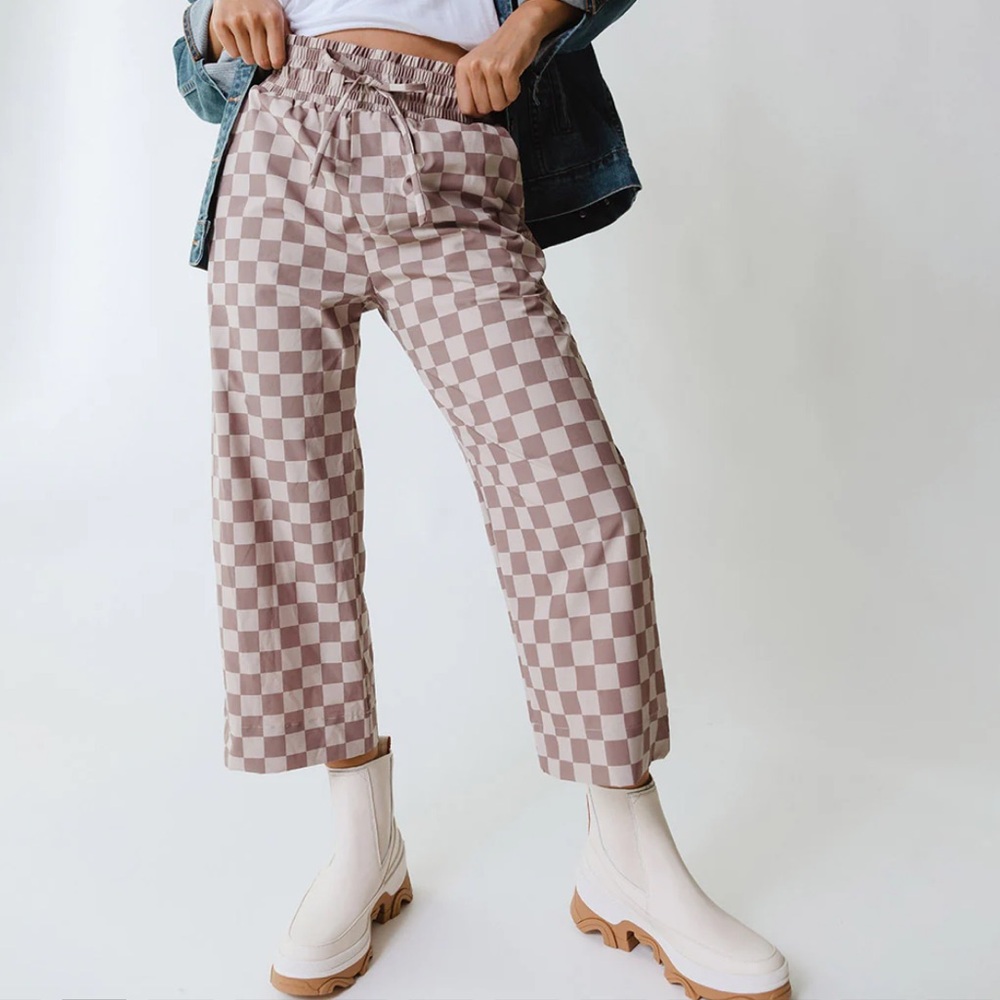 Albion Fit Audrey Crop Wide Leg Pants in Brown Checker